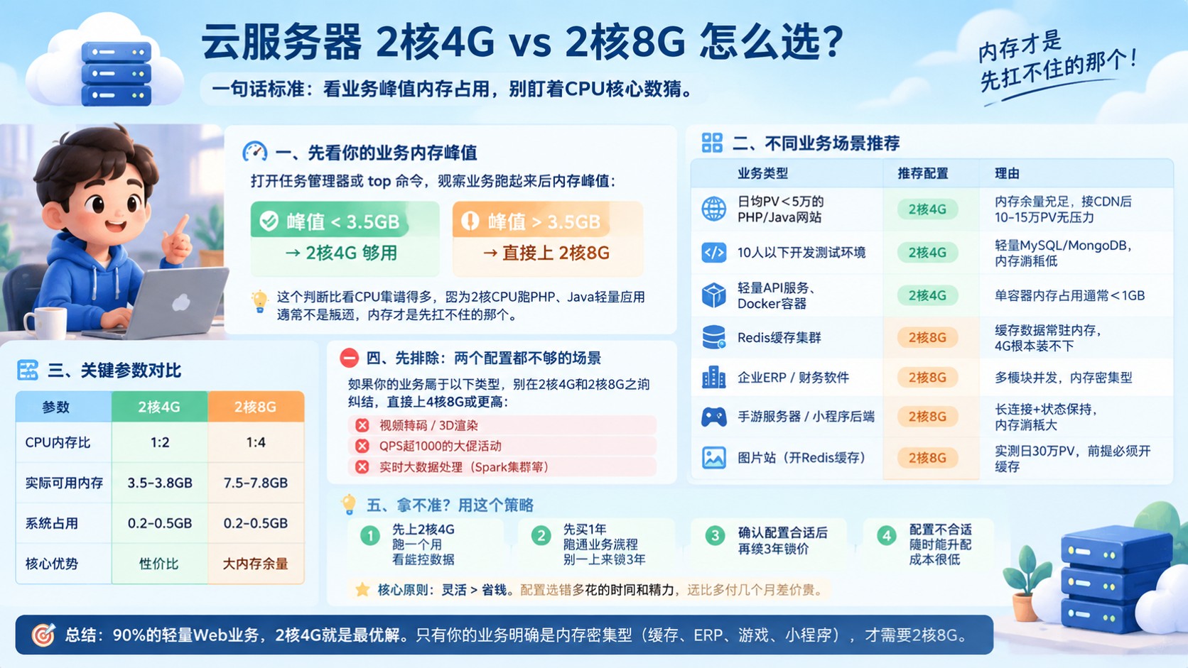 云服务器2核4G和2核8G选购标准:场景、内存与预算